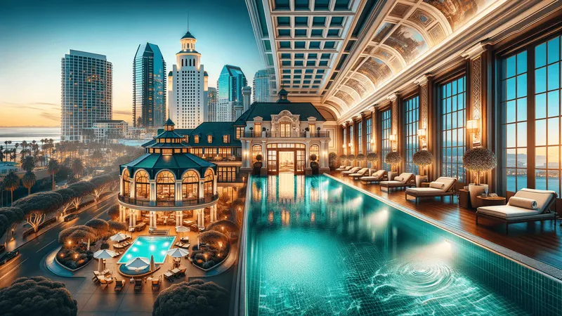 Indoor hotel pool at a San Diego hotel, enclosed and heated for year-round swimming