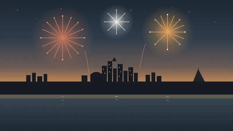 Illustration of Fourth of July fireworks in coral and amber bursting over the downtown San Diego skyline and bay at dusk