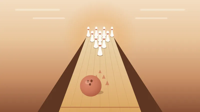 Illustration of a coral bowling ball rolling down a wood lane toward ten pins in a warm-lit San Diego bowling alley, in the brand's coral and amber palette