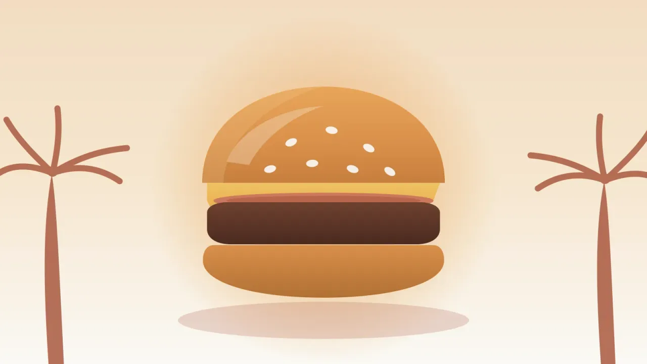 Illustration of a classic San Diego cheeseburger with sesame bun, cheese, tomato, and patty, framed by two palm trees in the brand's warm coral and amber palette