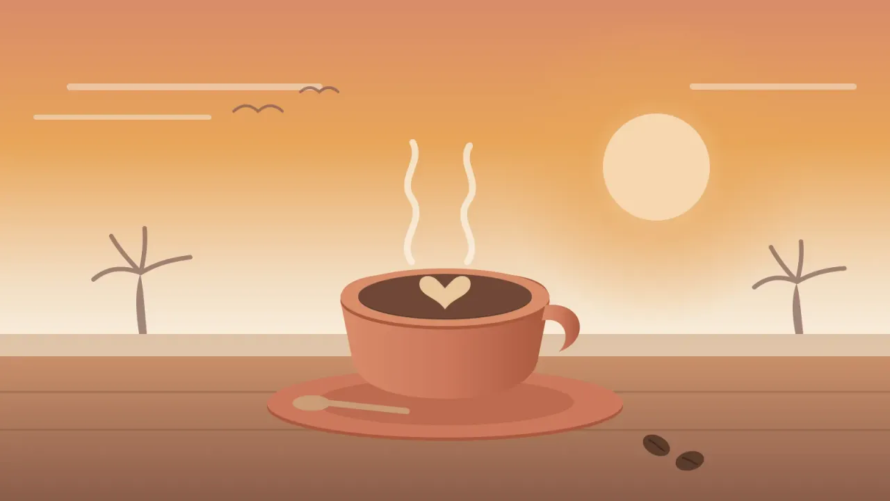 Illustration of a coral coffee cup with latte-art heart and rising steam on a cafe table, with a warm San Diego morning sky, the sun, and palm silhouettes in the brand's coral and amber palette