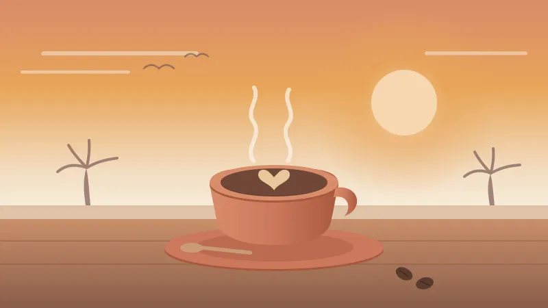 Illustration of a coral coffee cup with latte-art heart and rising steam on a cafe table, with a warm San Diego morning sky, the sun, and palm silhouettes in the brand's coral and amber palette
