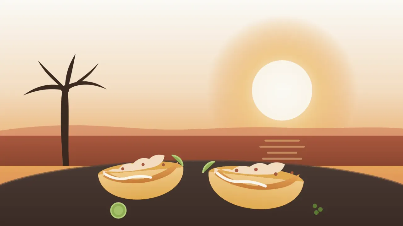 Illustration of two San Diego Baja-style fish tacos on corn tortillas with battered fish, cabbage, white crema, and lime wedges, over a coral and amber ocean-sunset backdrop with a palm silhouette