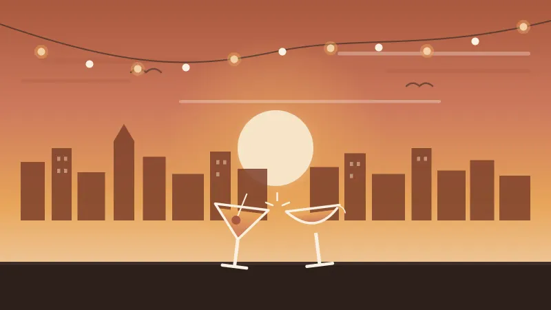 Illustration of two cocktail glasses clinking over a bar at golden hour, with the downtown San Diego skyline, patio string lights, and a setting sun, in the brand's coral and amber palette