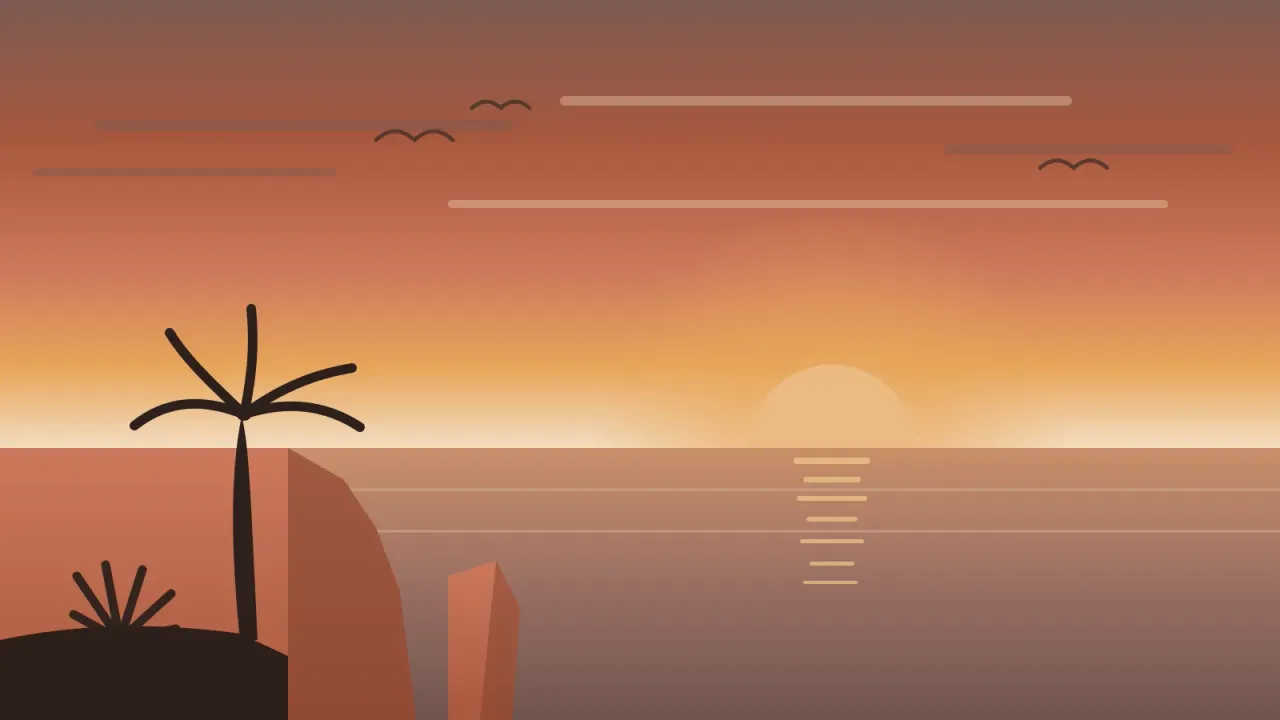 Illustration of a San Diego sunset over Sunset Cliffs in Point Loma, with the coral sun dropping into the open Pacific, eroded sandstone bluffs, and a palm silhouette in the brand's cream and coral palette