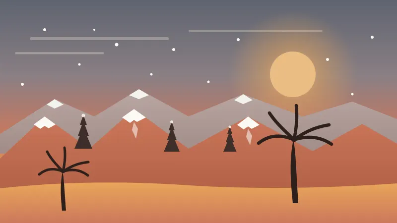 Illustration of snow-capped San Diego County mountains with pine trees and falling snow behind warm coastal palms under a coral winter sun
