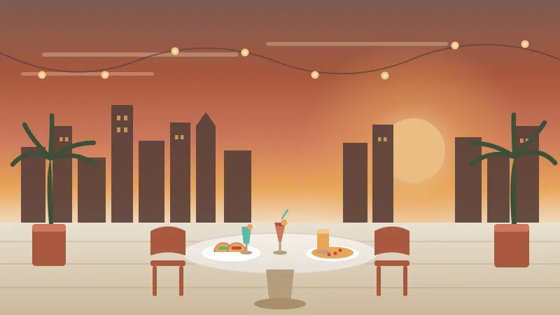 Illustration of a lively San Diego restaurant scene with a rooftop patio, palm trees, string lights, tacos and cocktails, and the downtown skyline at sunset, in the brand's coral, amber, and teal palette
