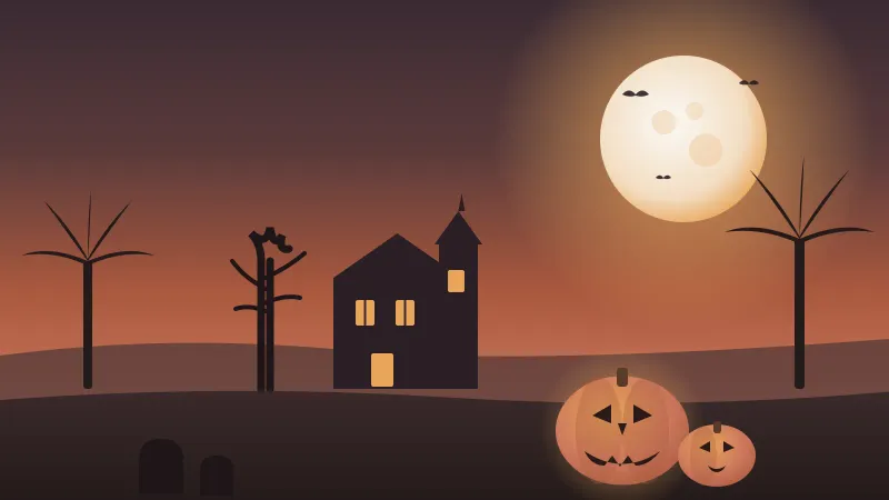 Illustration of a San Diego Halloween night with a haunted house silhouette, palm trees, a harvest moon, bats and glowing carved jack-o-lanterns in the brand's warm coral and amber palette
