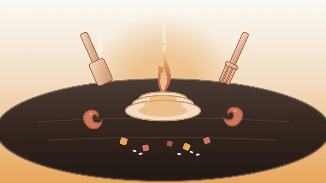 Illustration of a San Diego hibachi teppanyaki grill with a flaming onion volcano, shrimp and vegetables on a flat iron grill, and a chef's spatula and fork, in the brand's warm coral and amber palette