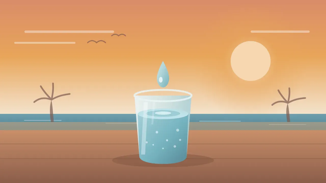 Illustration of a full glass of San Diego tap water with a water drop, a coral sun, and an ocean and coastline silhouette in the background