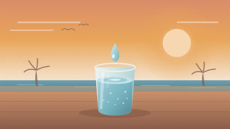Illustration of a full glass of San Diego tap water with a water drop, a coral sun, and an ocean and coastline silhouette in the background