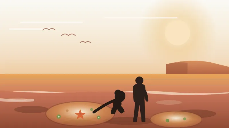 Illustration of a child crouching to reach into a San Diego tide pool with an orange sea star and green anemones while a parent stands behind, on a warm daytime coast in the brand's coral and amber palette
