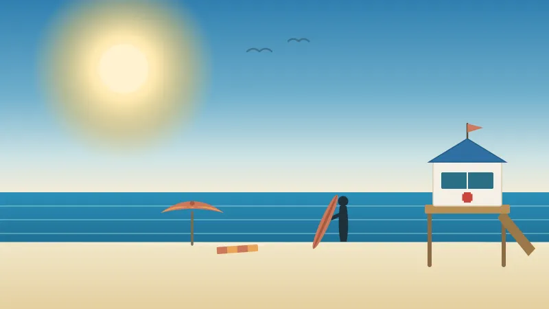 Illustration of a hot San Diego beach in August with a high white summer sun, deep blue water, a coral beach umbrella and towel, a surfer carrying a board to the water, and a blue-roofed lifeguard tower
