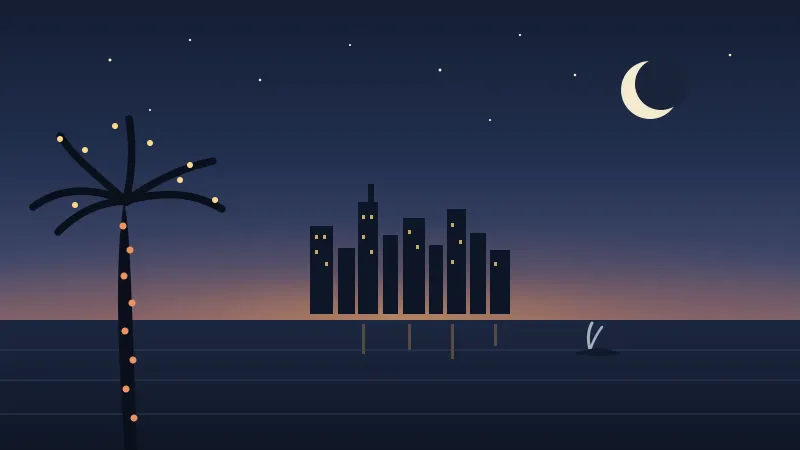 Illustration of a San Diego December night on the bay with a deep indigo sky, a crescent moon and stars, the downtown skyline glowing across the water, a gray whale spouting offshore, and a foreground palm tree strung with warm holiday lights