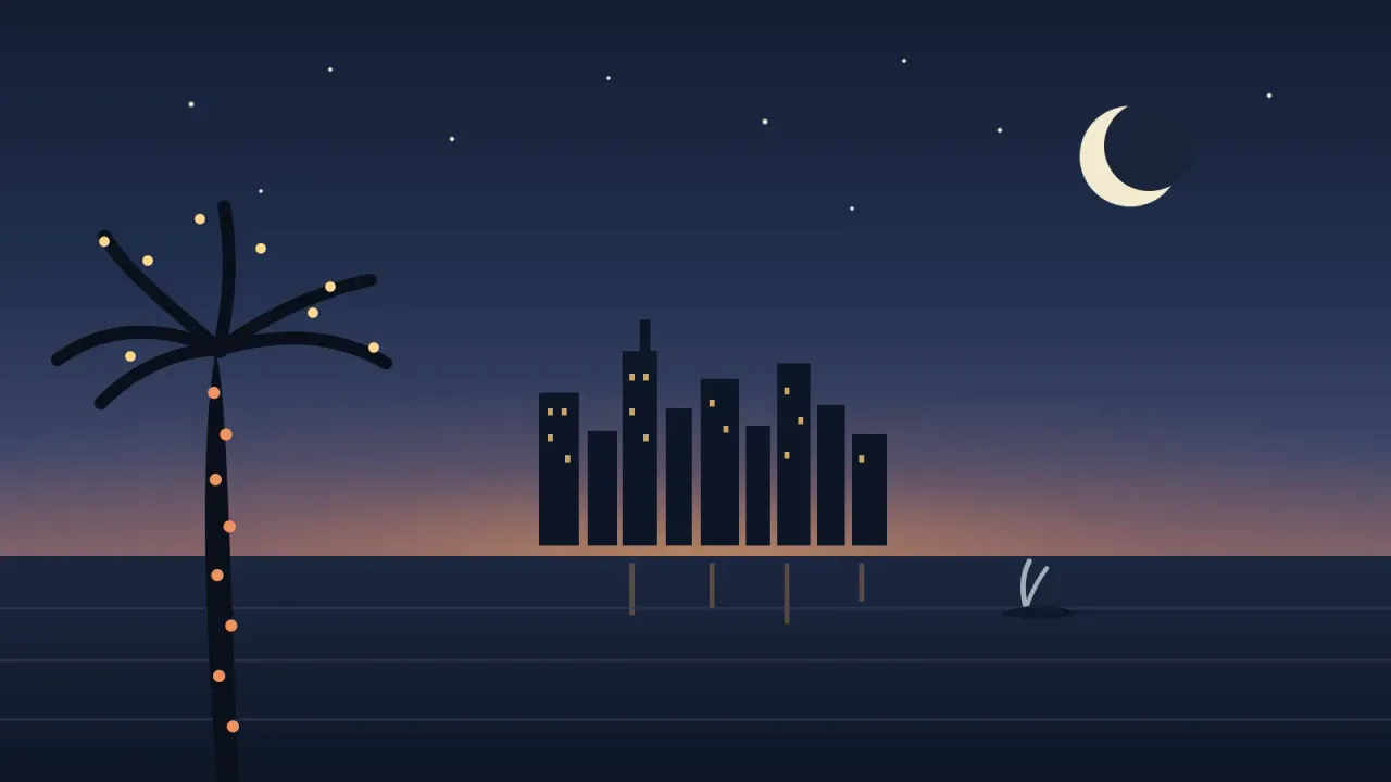 Illustration of a San Diego December night on the bay with a deep indigo sky, a crescent moon and stars, the downtown skyline glowing across the water, a gray whale spouting offshore, and a foreground palm tree strung with warm holiday lights