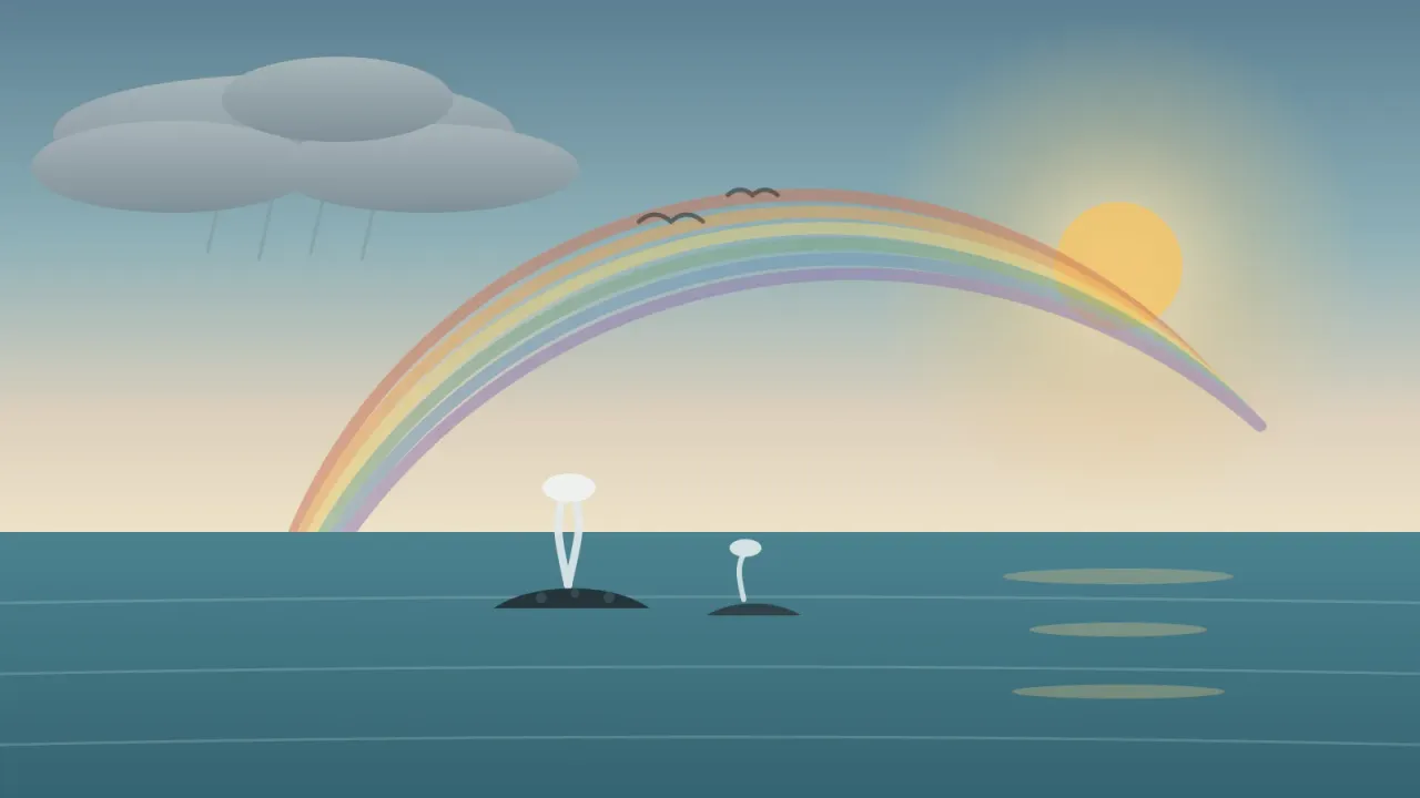 Illustration of a rain-washed San Diego sea in February with a soft rainbow arcing over the water after a storm, a retreating rain cloud on the left, a sunbreak on the right, and a gray whale mother and calf spouting below the rainbow