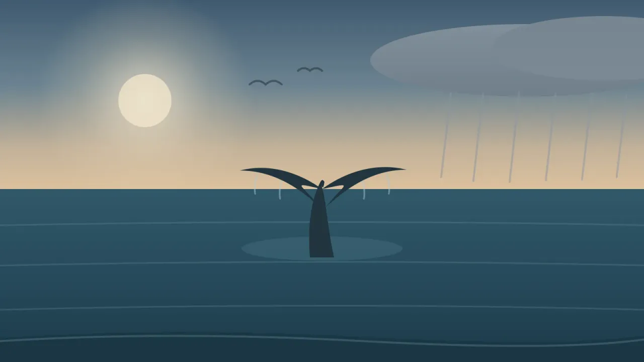 Illustration of a cold, moody San Diego winter sea in January with a gray whale lifting its broad tail fluke to dive, a pale low sun breaking through on the left, and a rain squall sweeping the far horizon