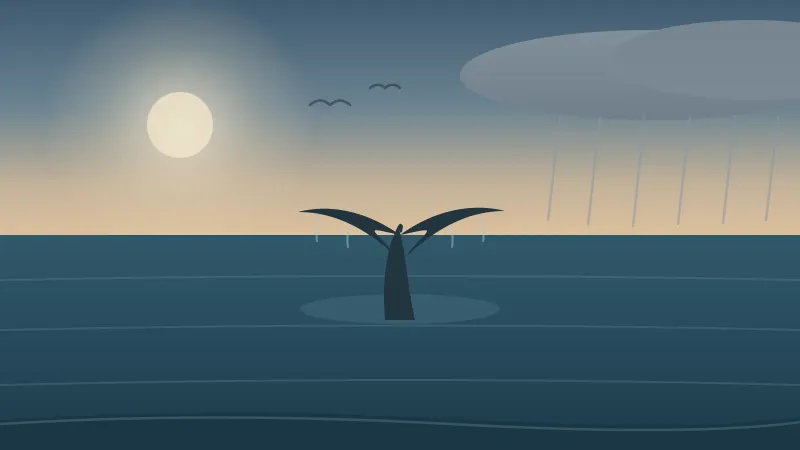 Illustration of a cold, moody San Diego winter sea in January with a gray whale lifting its broad tail fluke to dive, a pale low sun breaking through on the left, and a rain squall sweeping the far horizon