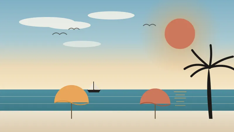 Illustration of a sunny San Diego beach in July with the coral sun high in a clear blue sky, beach umbrellas, a sailboat, a palm tree, and warm sand
