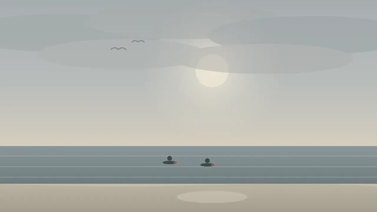 Illustration of a gray June Gloom morning on the San Diego coast with a flat marine-layer overcast, a pale sun barely showing through the cloud, a silver calm sea, and two surfers sitting on their boards waiting for it to clear