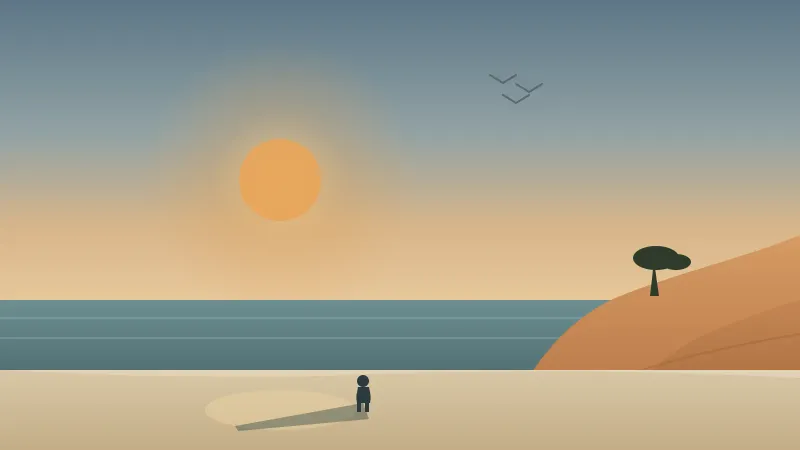 Illustration of the Torrey Pines sandstone bluffs on the San Diego coast in November with a low hazy autumn sun, a wind-bent pine on the bluff top, and a lone jacketed walker casting a long shadow on the wet sand