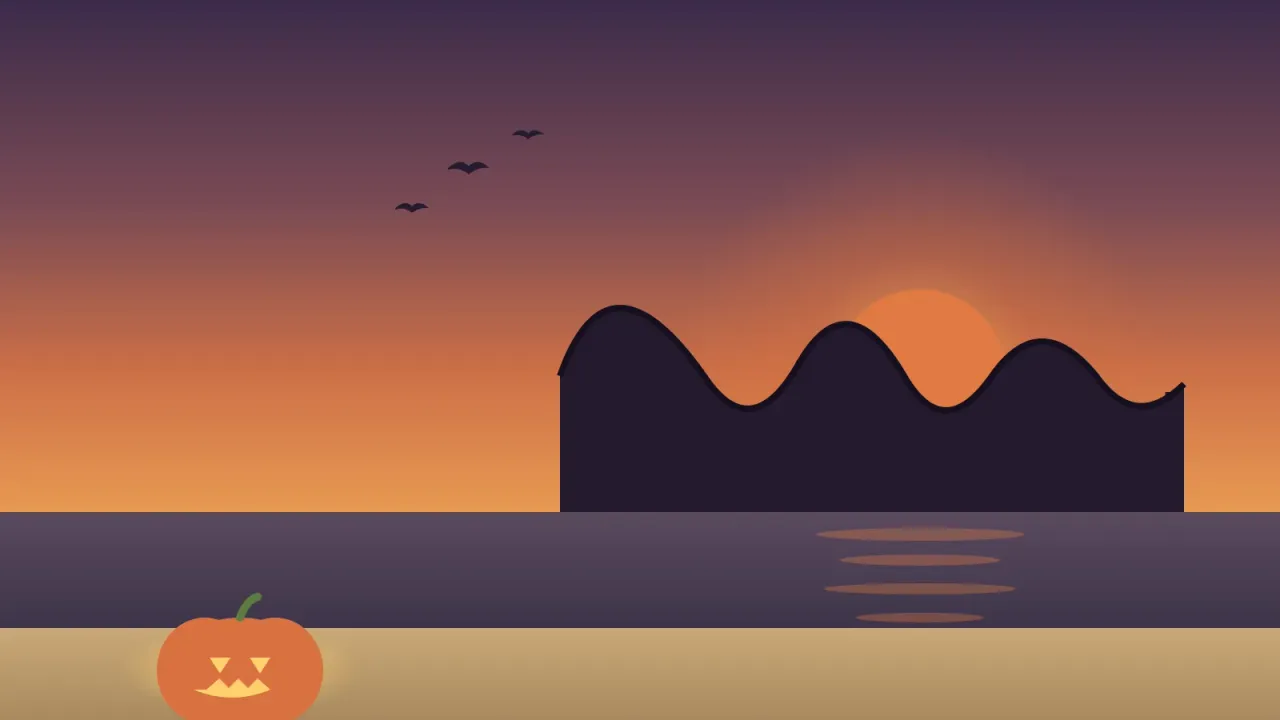 Illustration of a San Diego beach at a burnt-orange Halloween dusk in October with the silhouette of the Belmont Park wooden roller coaster, a big low harvest sun over the water, bats overhead, and a glowing carved jack-o'-lantern on the sand