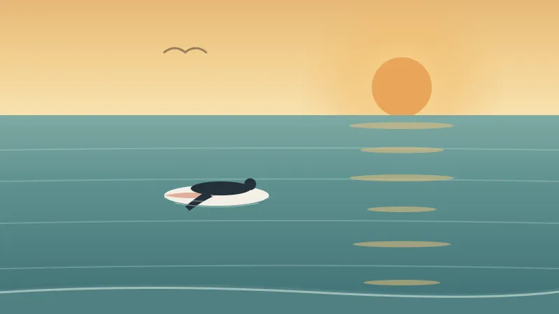 Illustration of a warm, glassy San Diego sea in September at golden hour with a low honey-colored sun, its long reflection on the calm water, and a lone surfer paddling out on a board