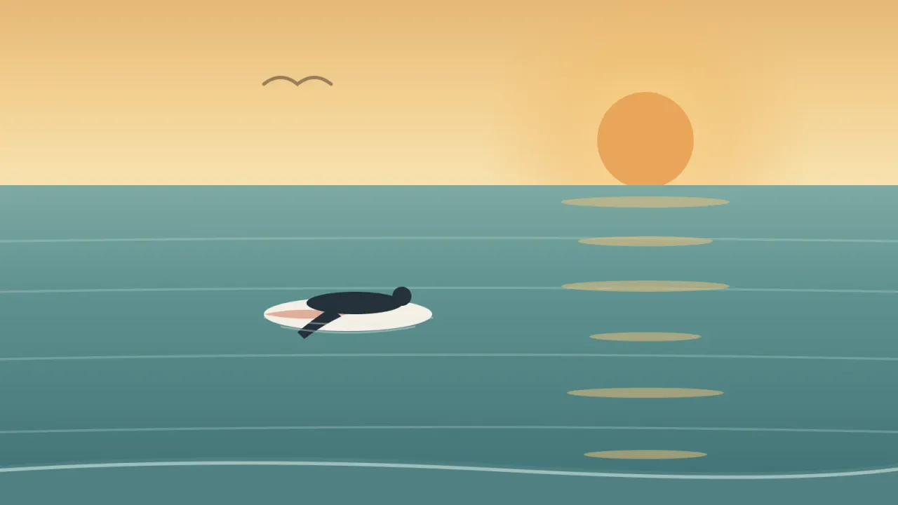 Illustration of a warm, glassy San Diego sea in September at golden hour with a low honey-colored sun, its long reflection on the calm water, and a lone surfer paddling out on a board
