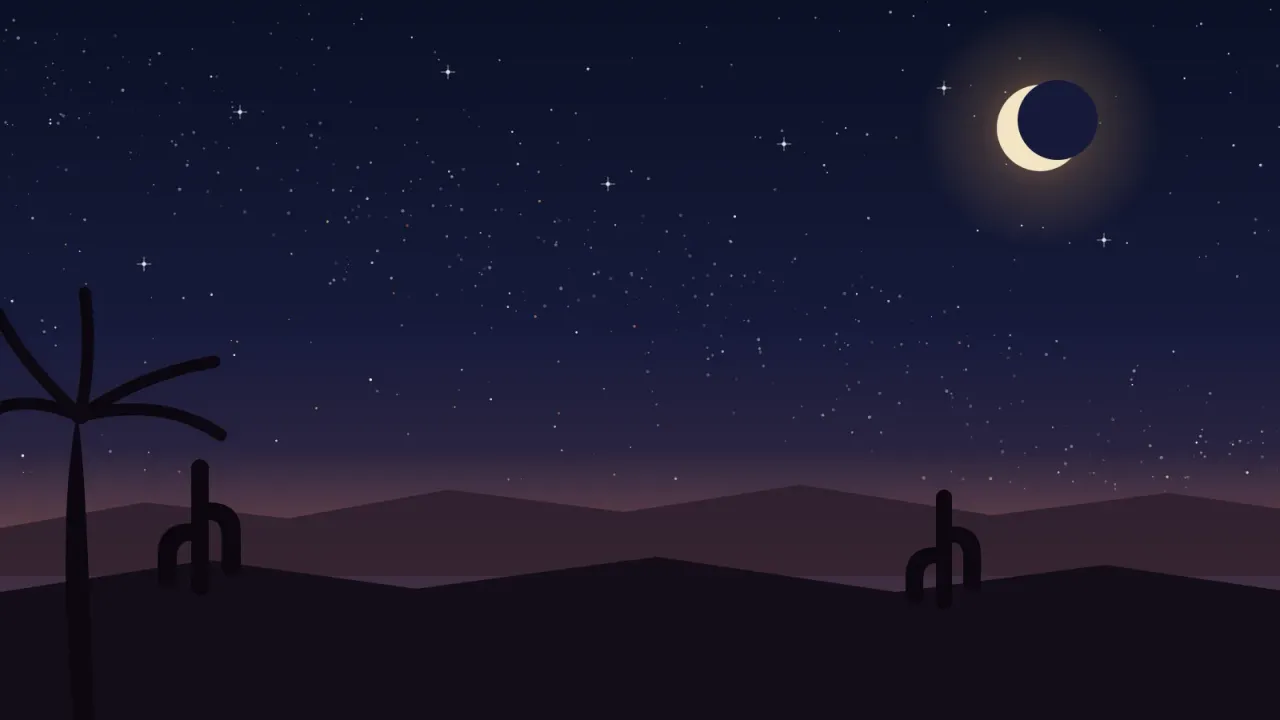 Illustration of a star-filled night sky and the Milky Way arching over a dark desert ridge with cactus and palm silhouettes near San Diego, in the brand's coral, amber, and deep-blue palette