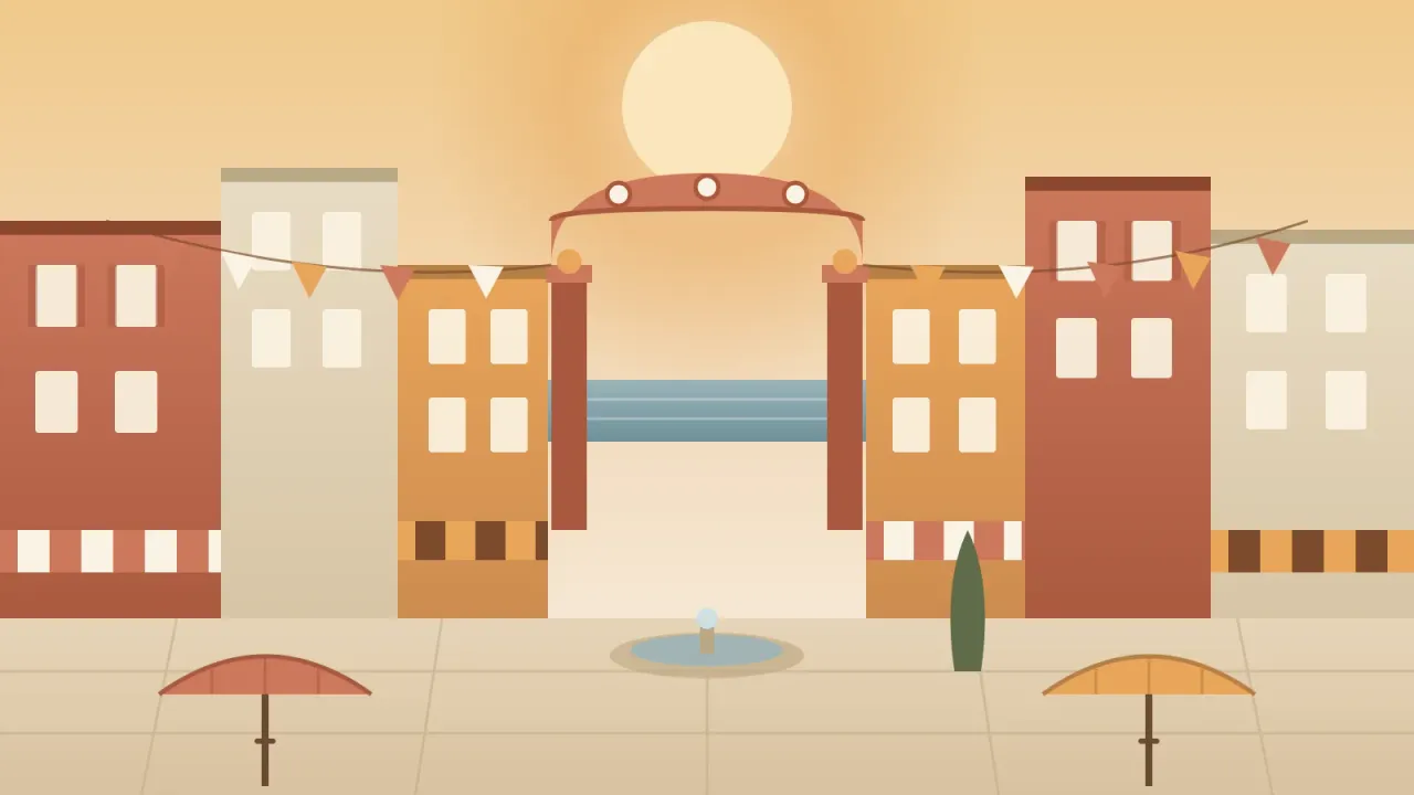 Illustration of San Diego's Little Italy along India Street, with the neon Little Italy sign over the street, Italian flag awnings, café umbrellas on the Piazza, and the bay in the distance, in the brand's cream and coral palette