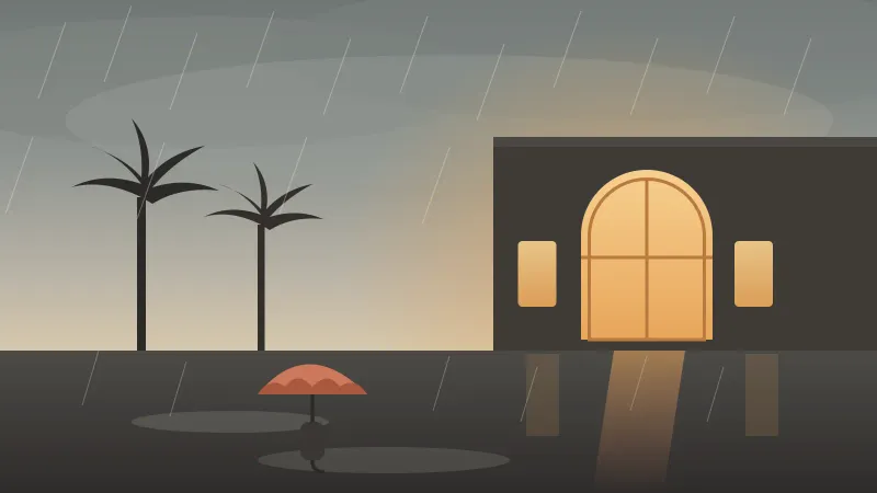 Illustration of a rainy San Diego evening with palm silhouettes, a coral umbrella, wet reflective pavement and a warm-lit Balboa Park museum window glowing amber, in the brand's coral and amber palette