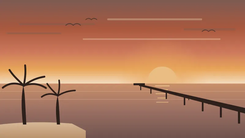 Illustration of the Ocean Beach Pier stretching over the water at sunset with palm silhouettes on the sand, in San Diego Sights' coral and amber palette