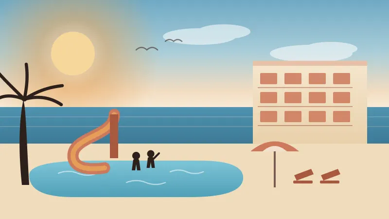 Illustration of a San Diego family resort with a curving pool waterslide, two kids playing in the pool, palm trees, beach umbrellas, and a hotel beside a calm blue bay in the brand's coral and amber palette